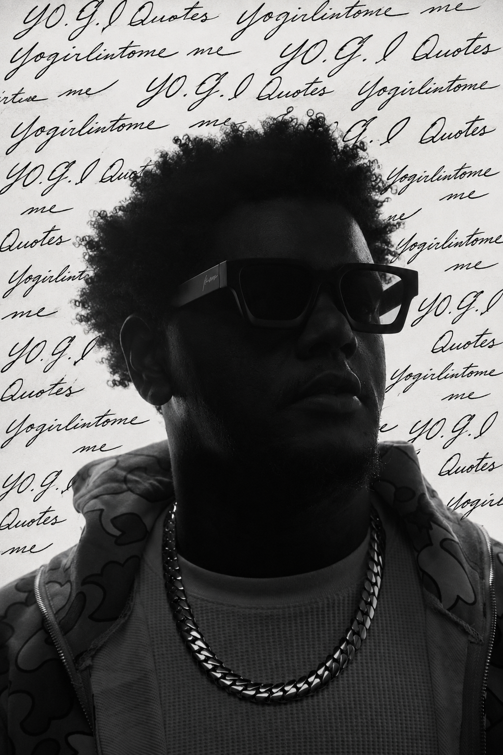 Black and white portrait of YO.G.I against a wall of handwritten Yogirlintome script