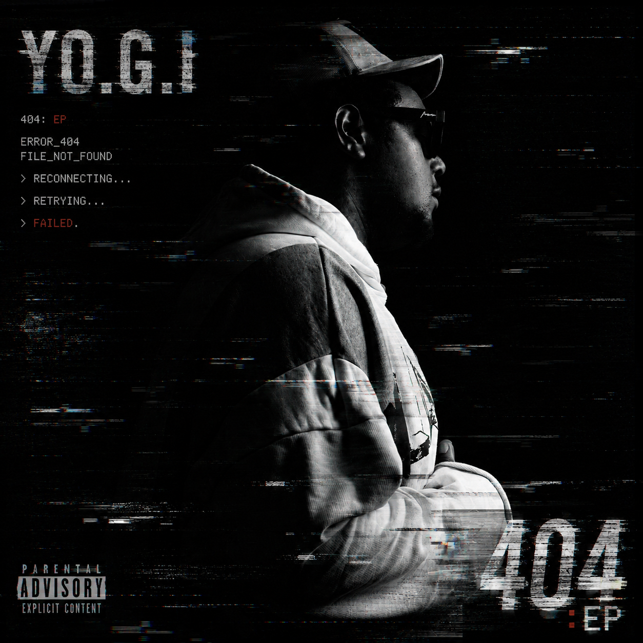 404: EP cover art — YO.G.I in profile against a black glitched, error-coded backdrop