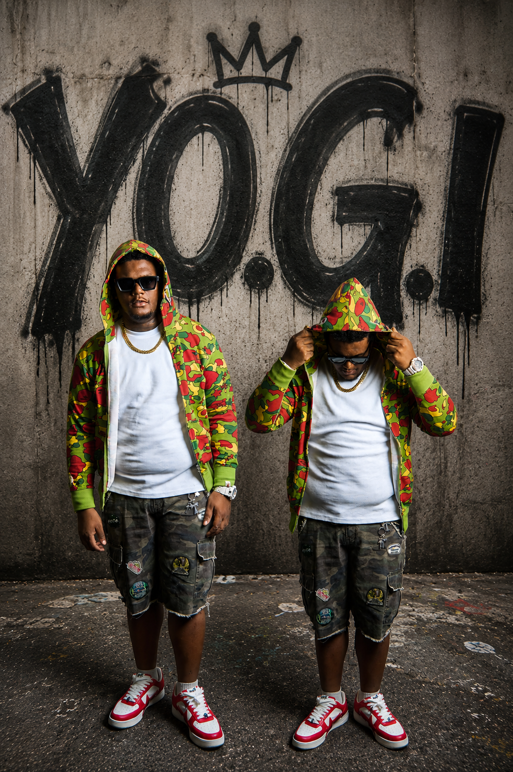 YO.G.I standing in front of a concrete wall painted with the YO.G.I wordmark and crown